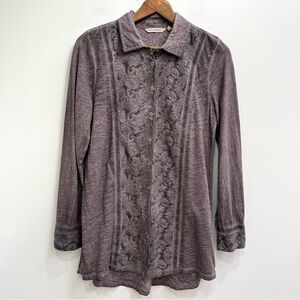 Soft Surroundings Sylvette embroidered button down tunic top washed brown color